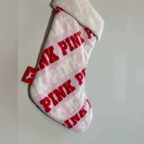 Victoria’s Secret PINK Christmas Stocking Red Logo Pink White Plush Cuff NWT - Picture 2 of 3